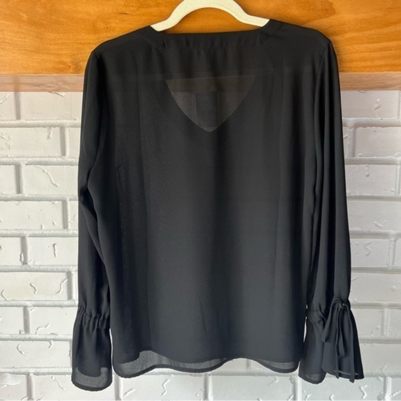 J. Crew Mercantile V-Neck Long Sleeve Sheer Blouse Tie Bell Sleeves, Black 8 NWT - Picture 2 of 12
